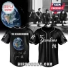 Black baseball jersey for The Neighborhood band fans with a Yankees logo, Earth graphic, and 'The Neighborhood' text on back!