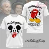 White graphic t-shirt with Rolling Stones Mickey Mouse head on front! Back features walking red tongue logo, signatures, 