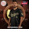 A black and gold Dodgers baseball jersey with the Wu-Tang Clan logo on the sleeve and LA text on the front!
