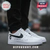White Nike Air Force 1 custom sneakers with black swoosh, outline of a man's face, and 'Custom Name' text!