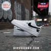 White custom sneakers feature black swoosh, star, stylized signature, 'Custom Name', 'VE' lettering, and 'AIR' on sole!