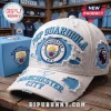 White distressed Manchester City baseball cap with blue embroidery! Features 'PEP GUARDIOLA' and 'MANCHESTER CITY' text, plus club and league crests!