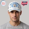 White distressed baseball cap, blue 'PEP GUARDIOLA MANCHESTER CITY' text, Manchester City FC logo with ship and rose!
