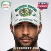 White distressed baseball cap with green OREGON DUCKS text, a cool duck mascot in sunglasses, and 'HEAT WAVE? GO DUCKS.' on the brim!