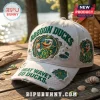 White distressed baseball cap with retro cartoon duck in sunglasses. Features OREGON DUCKS and HEAT WAVE? GO DUCKS. text in green!