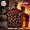 ACDC 53rd Anniversary whiskey bottle design featuring Angus Young, cannons, and lightning bolt art in gold and red!