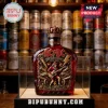 AC DC 53rd anniversary whiskey bottle with embossed band graphics and crown topper against a beer can background!