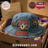 Blue denim AC/DC 53rd Anniversary bucket hat with embroidered band logos, guitarist silhouette, 