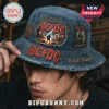 Blue distressed denim AC/DC bucket hat with red logos, 'A TRIBUTE TO 53 YEARS OF ROCK', '53rd anniversary 1973-2026', and 'Your Name' custom text!