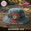 Blue distressed denim AC⚡DC bucket hat with embroidered patches, 'A TRIBUTE TO 53 YEARS OF ROCK', '53rd Anniversary 1973-2026', and 'Your Name' text!