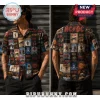 Short sleeve button up shirt with multi-panel AC DC band album cover collage print in red, black, and blue colors!