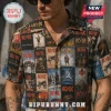 Short sleeve button down shirt featuring vintage AC DC album art collage in black red and blue colors!