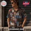 Button down shirt with collage of AC DC vintage album cover artwork in black and red tones!
