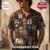 Mens short sleeve button down shirt featuring a multi-panel collage of vintage AC DC album covers in dark colors!