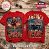 Red AC/DC graphic t-shirt showing Angus Young, American flag, and text America 250 and I Love America and AC/DC too!
