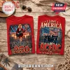 Red graphic t-shirts featuring AC/DC band, American flags, fireworks, and text America 250 and 250 Years Of Freedom!