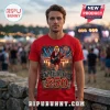 Red t-shirt featuring a rock guitarist in a schoolboy outfit with American flag, fireworks, and text America 250!