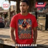 Red t-shirt featuring a guitarist in a red suit with American flag background and America 250 text graphic!