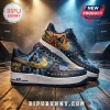 Custom sneakers with Angus Young art gold swoosh and text Highway to Hell and Back in Black against blue lightning background!