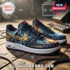Dark blue sneakers featuring AC DC graphic art with lightning bolts, gold text Highway to Hell and Back in Black.!