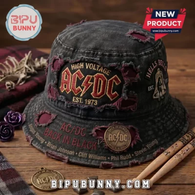 AC/DC Back in Black Distressed Embroidered Bucket Hat