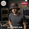 Distressed black vintage bucket hat with red patch AC/DC logo, 