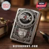 Silver metal lighter featuring AC/DC Back In Black branding, bell icon, red lightning bolts, and vintage rock design!