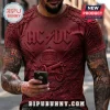 Dark red AC/DC band t-shirt with embossed bell, cannon, and chain graphics in a 3D aesthetic style!