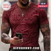 Maroon t-shirt featuring 3D embossed AC/DC rock music graphics, chains, lightning bolts, bell, and cannon artwork!