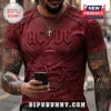 Dark red AC/DC band t-shirt with 3D embossed bell, cannon, chains, and rock symbols design on a tattooed man!