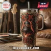 Stainless steel tumbler featuring black and red AC DC Hells Bells rock music theme with metallic filigree details!
