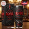 Black and red AC/DC collector tumbler with embossed heavy metal band logos and cannon designs in a premium gift box!