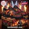 ACDC band sneakers with Angus Young graphic, flame patterns, and PWR UP TOUR 2026 text on black and red leather!