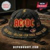 Black distressed bucket hat, vintage rock band style, red gold AC⚡DC logo, EST. 1973, ROCK N' ROLL HELLISH FOR THOSE ABOUT TO ROCK text!