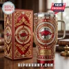 Red and gold Arkansas Razorbacks Yeti tumbler with rhinestone accents and logo text Woo Pig Sooie on a matching box!