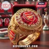 Gold championship ring with Arsenal FC logo, red gemstone, and 2026 UEFA Champions League text in a vintage style!