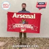 Red Arsenal flag with white and gold text: Arsenal Premier League Champions 2025/26, trophy, and cannon logo design!