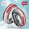 Two silver rings with red and white Arsenal Champions text and gothic font details on a light blue background!
