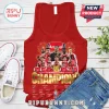 Red Arsenal FC tank top with team photo graphics, fireworks, gold Champions text, and player autographs!