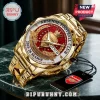 Gold Arsenal FC commemorative watch with red face and championship text featuring 2025-26 season details!