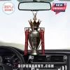 Arsenal Premier League trophy car hanging ornament with gold crown and red ribbons on a rear view mirror background!