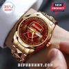 Gold watch with red face featuring Arsenal Football Club logo, 1886-2026 text, and Premier League Champions branding!