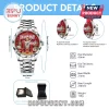 Silver stainless steel watch with a red dial featuring Arsenal FC CHAMPIONS! text, Premier League trophy, and London landmarks design!