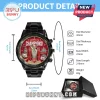 Black metal watch with red Arsenal FC Champions dial, gold trophy, London landmarks, white text! Fan gear style!