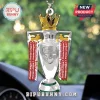 Silver Arsenal Premier League trophy car ornament with gold crown and red ribbons hanging from a beaded chain!