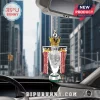 Silver Arsenal Premier League trophy car ornament with gold crown and red ribbons hanging from a rearview mirror!