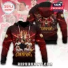 Arsenal FC hoodie in deep red with soccer players trophy and Premier League Champions 2025-26 gold text graphic design!