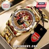 Gold Arsenal FC commemorative watch with players and Premier League trophy text 2025-2026 Season on watch face!