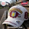 White distressed baseball cap with embroidered Europa League Champions text and Aston Villa FC crest!