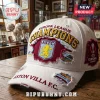 White distressed baseball cap with embroidered Europa League Champions text, Aston Villa crest, and Europa League patch!